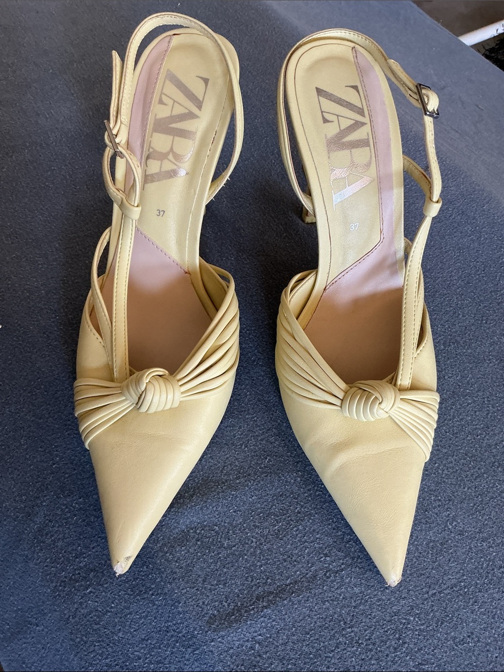 Zara Yellow Pointed-Toe Pleated Slingback Stiletto Heels